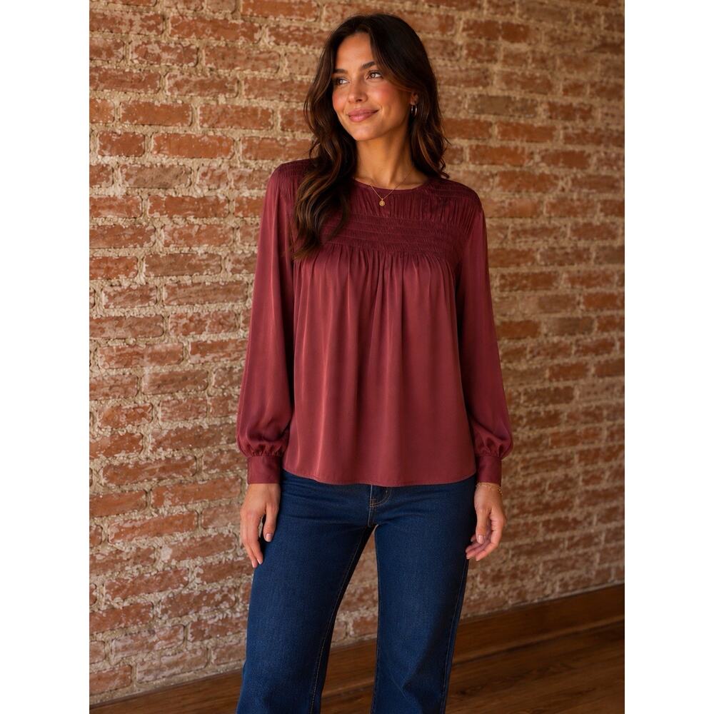 J Jill Satin Smocked A-Line Flowy Blouse Sz M TALL Clove Rust Womens Silky Comfy
